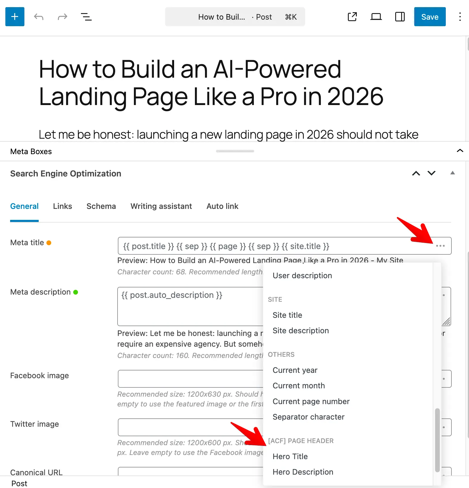 Select ACF's custom fields from the dynamic variable list