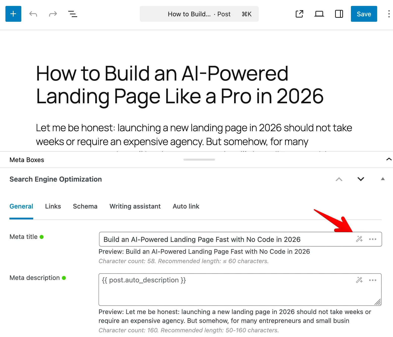 Generating SEO title with AI in Slim SEO