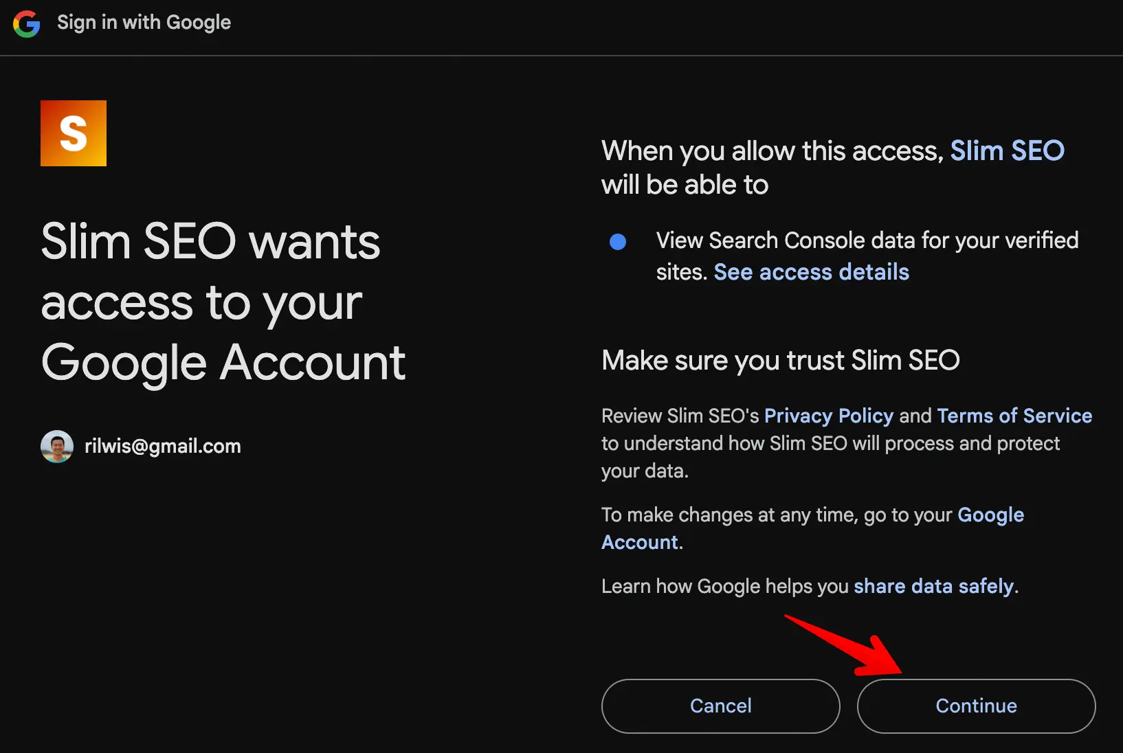 Grant permission to view Search Console data