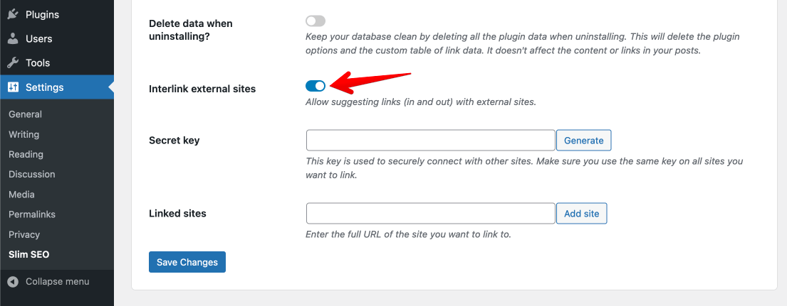 Enable interlinking external sites option