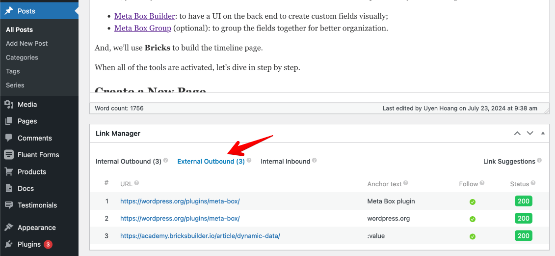 External outbound link report