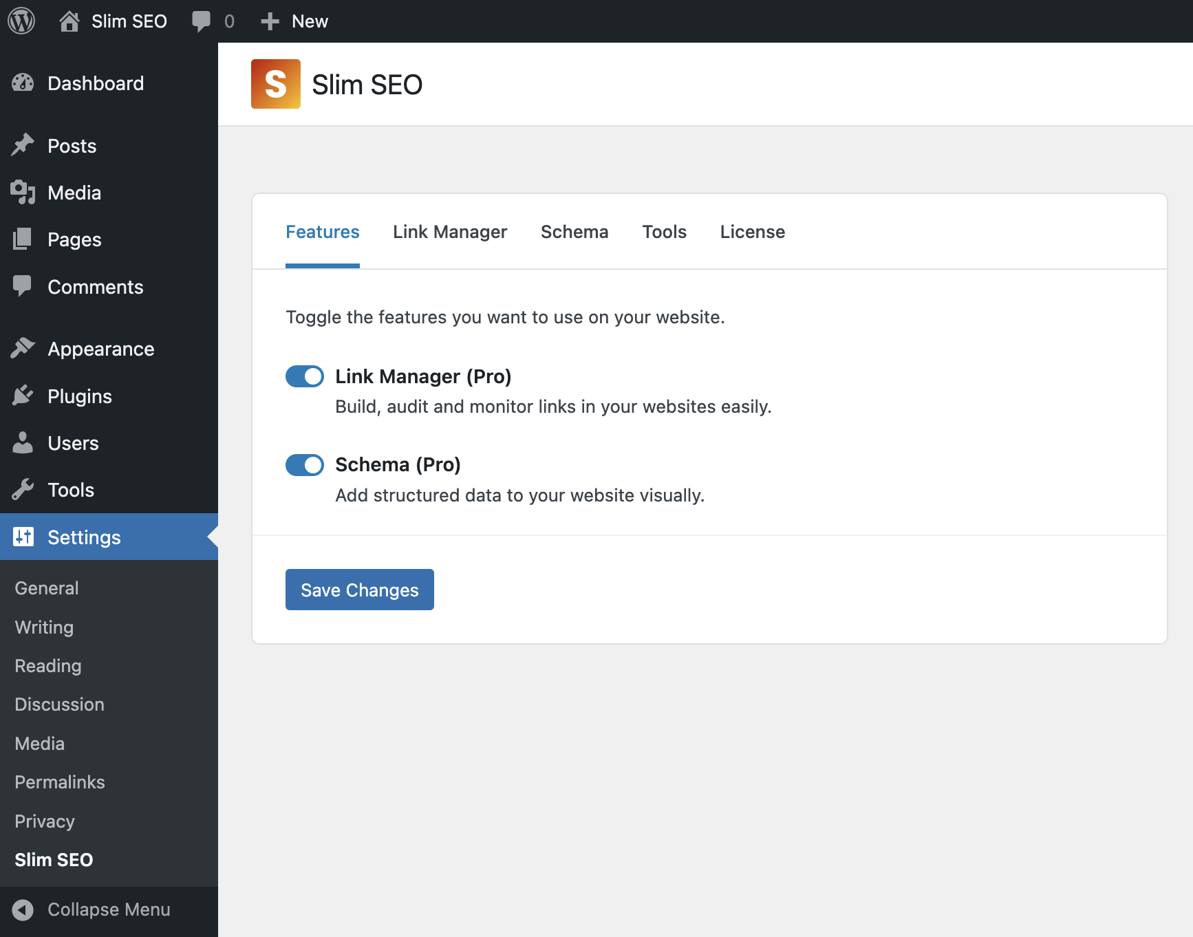Slim SEO Pro settings page