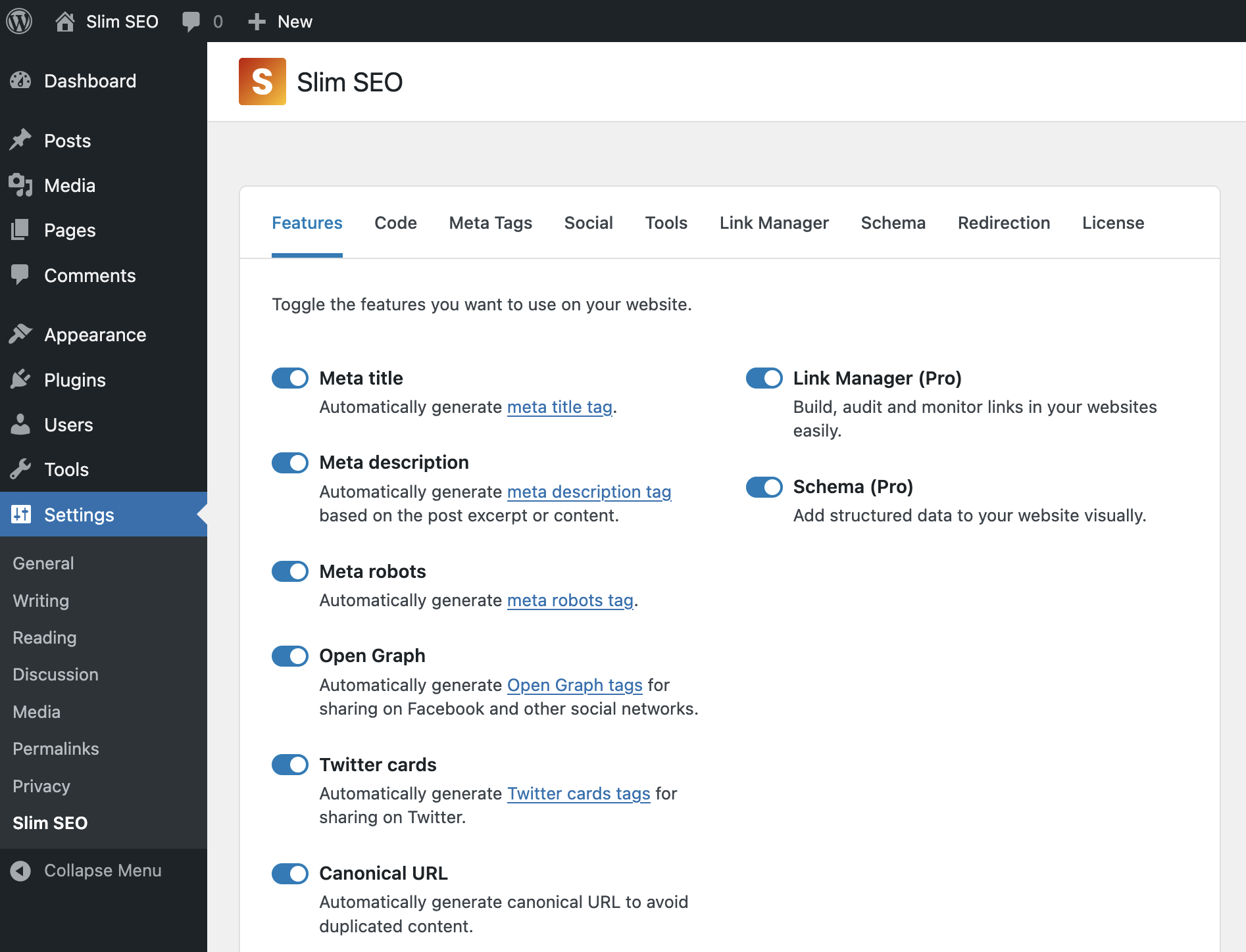 Slim SEO Pro with Slim SEO Free activated