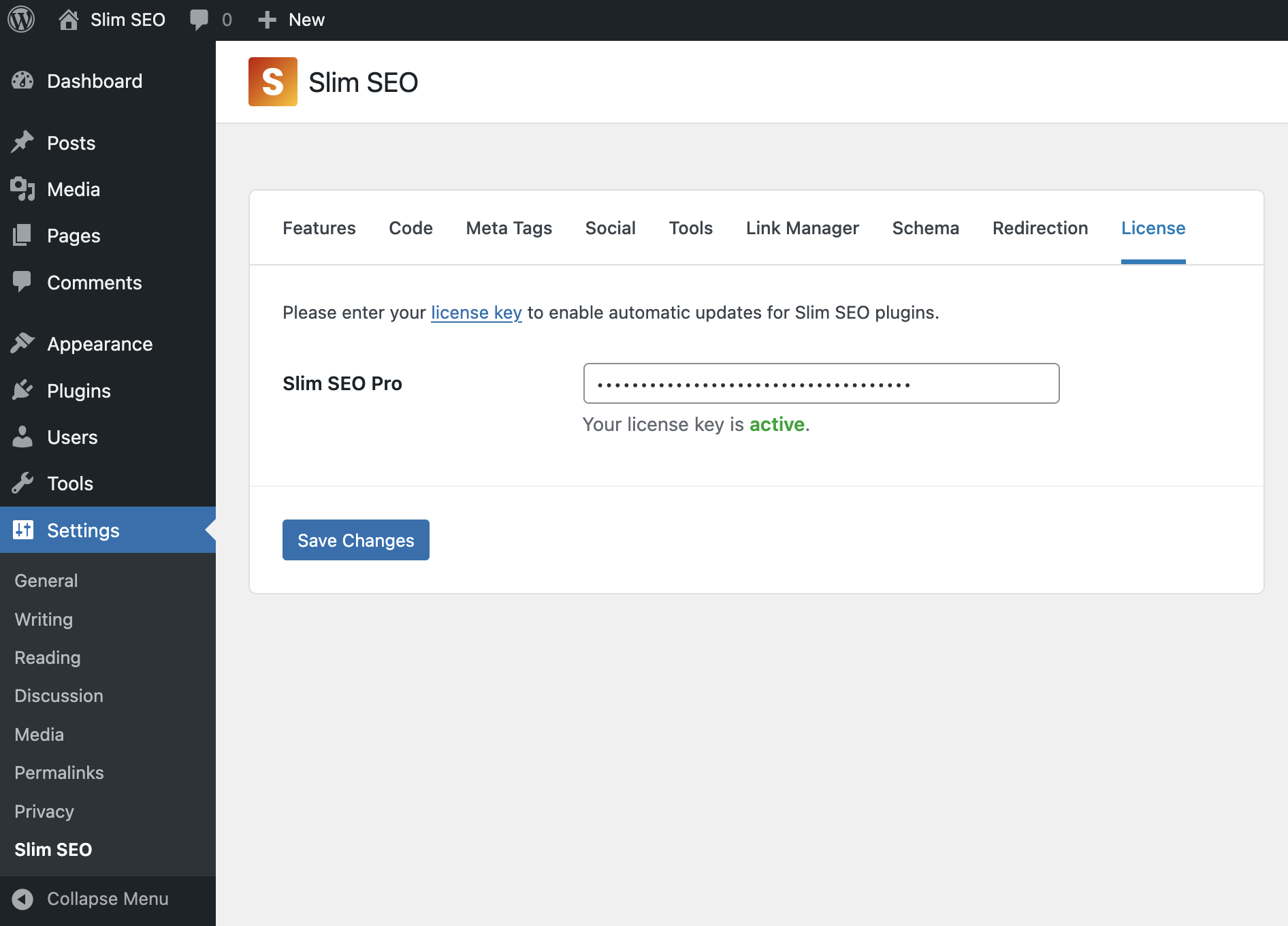 Add license key in Slim SEO Pro