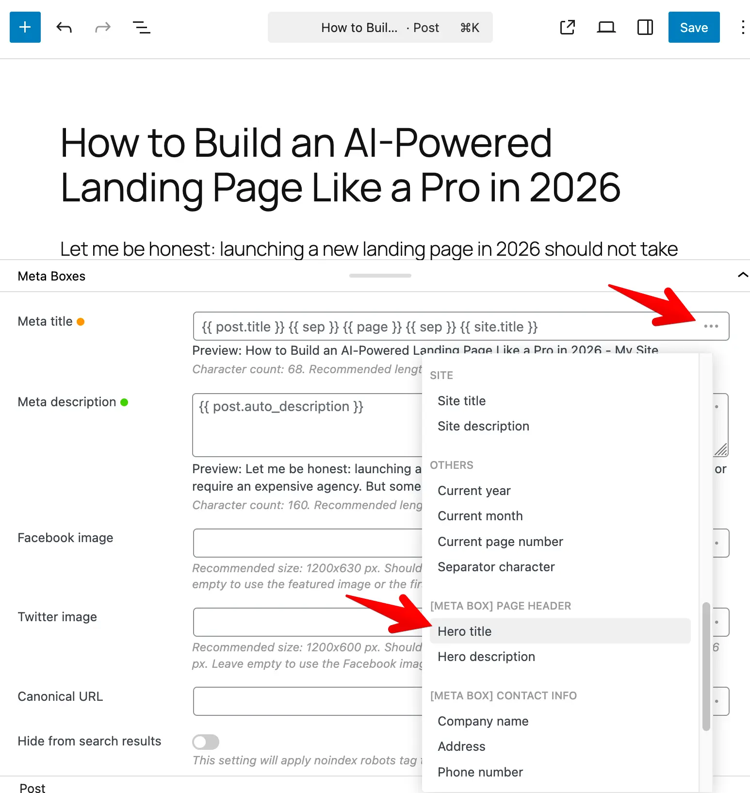 Select Meta Box's custom fields from the dynamic variable list