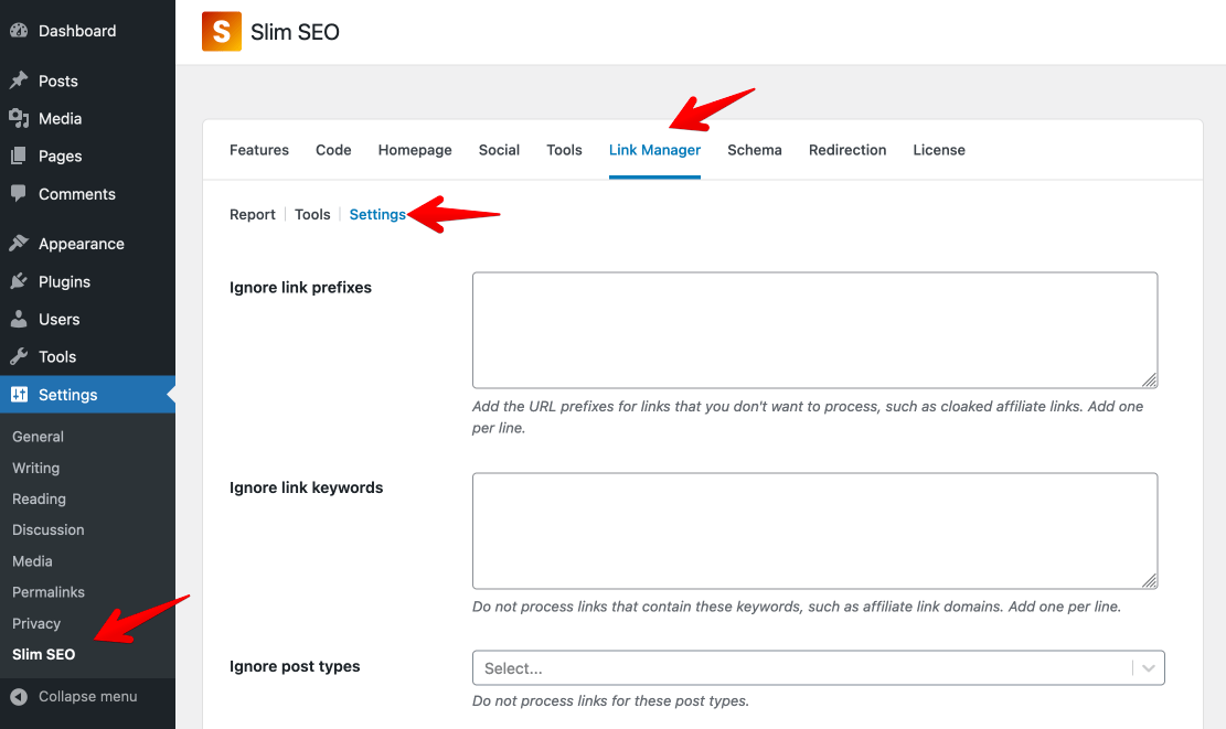 Go to Slim SEO Link Manager settings tab